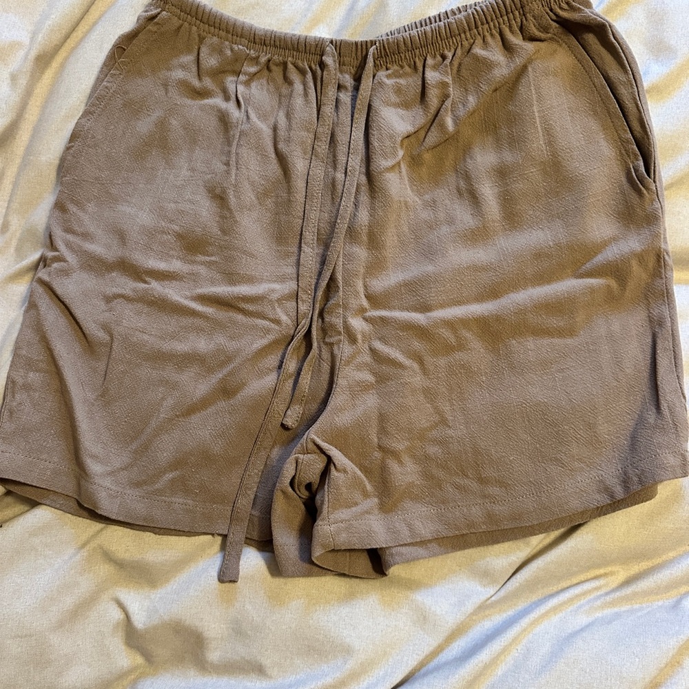 Tan High Waisted Shorts with Elastic Waistband and Drawstring